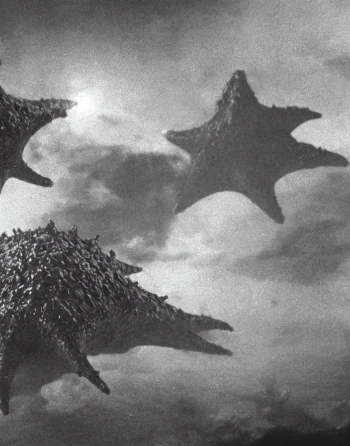 Image similar to a filmstill of a north korean monster movie, kaiju - eiga monster starfish - like trampling a traditional korean palace, foggy, film noir, video compression