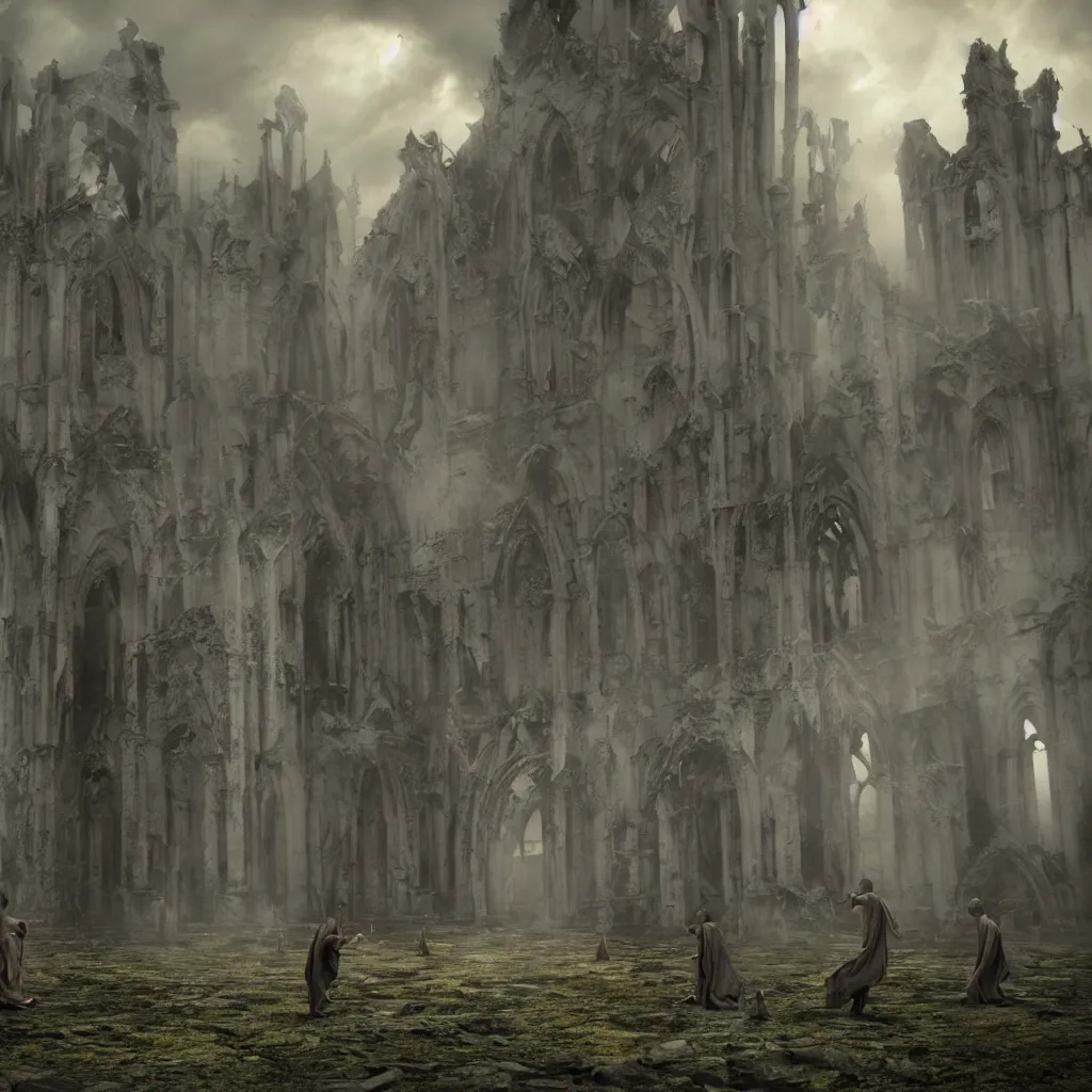 Image similar to Photorealistic strange dark monks perform a ritual in a ruined cathedral. Ominous storm clouds, strange levitating stones, stones falling from the sky, a gentle rising mist. occult photorealism, UHD, amazing depth, glowing, golden ratio, 3D octane cycle unreal engine 5, volumetric lighting, cinematic lighting, cgstation artstation concept art