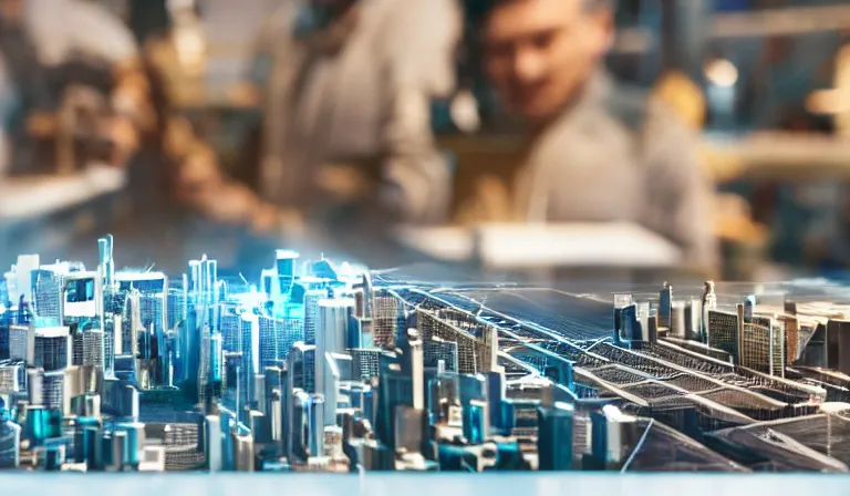 Image similar to large group of people in simple warehouse, looking at hologram of futuristic city on a table, cinematic concept art, godrays, golden hour, natural sunlight, 4 k, clear details, tabletop model buildings, center model buildings, hologram center, crane shot, crane shot, crane shot