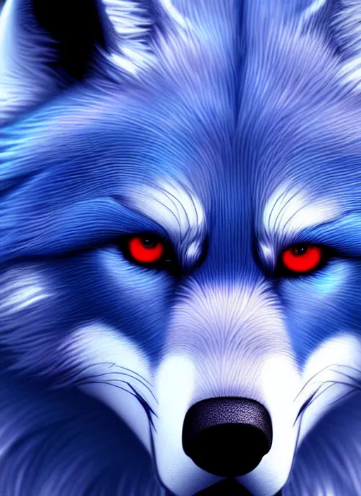Prompt: blue wolf with red eyes, blue fur highly detailed, deep focus, digital painting, smooth, sharp focus, anime art style, trending on artstation, 4 k