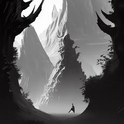 Prompt: fantasy landscape, vector art by greg rutkowski, b & w