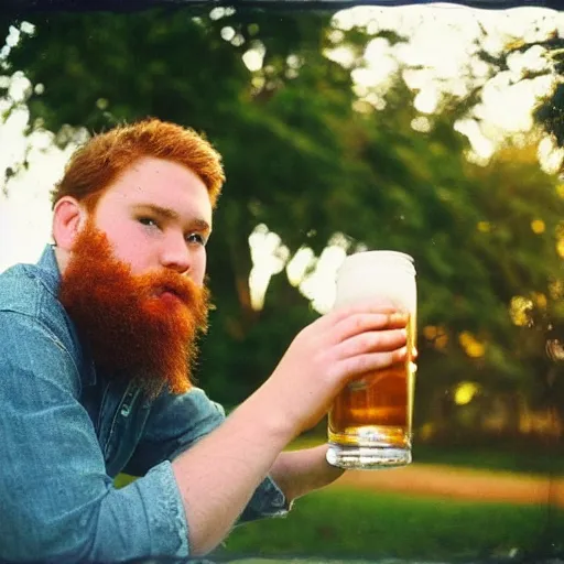 Image similar to “A 20 year old, ginger, tall, chubby, polish-American college student, with a scruffy beard, sitting in his back yard drinking beer, 8 mm lens photography,”