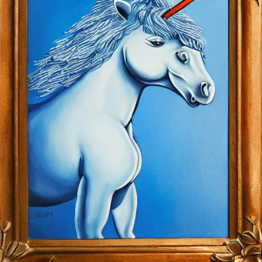 Prompt: a blue unicorn painting a self portrait, high details, 4 k, sharp fucos