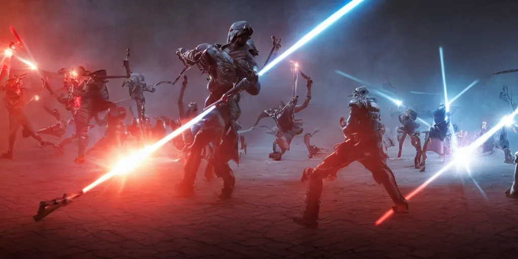 Prompt: epic battle scene statues versus cyan laser beams, the last stand, black studio background, highly detailed, sharp focus, 8k, 35mm, cinematic lighting