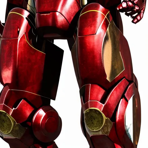 Image similar to photorealistic shot 50mm , full body, stained and rusted heavily dented iron man suite, HDR color, metal oxide texture