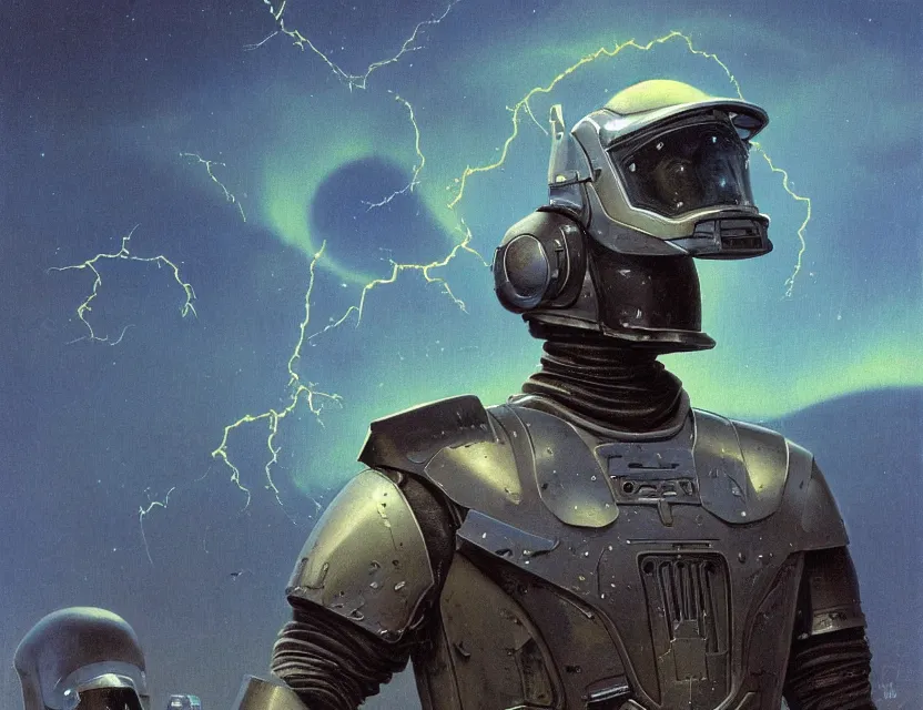 Image similar to a detailed portrait painting of a lone bounty hunter wearing combat armour and a reflective visor. Head and chest only. Movie scene, cinematic sci-fi scene. Flight suit, cloth and metal, accurate anatomy. portrait symmetrical and science fiction theme with lightning, aurora lighting. clouds and stars. Futurism by beksinski carl spitzweg moebius and tuomas korpi. baroque elements. baroque element. intricate artwork by caravaggio. Oil painting. Trending on artstation. 8k