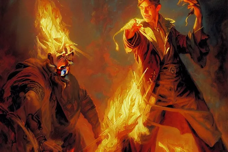 Image similar to attractive male wizard casting powerful fire spell. highly detailed painting by gaston bussiere, craig mullins, j. c. leyendecker 8 k