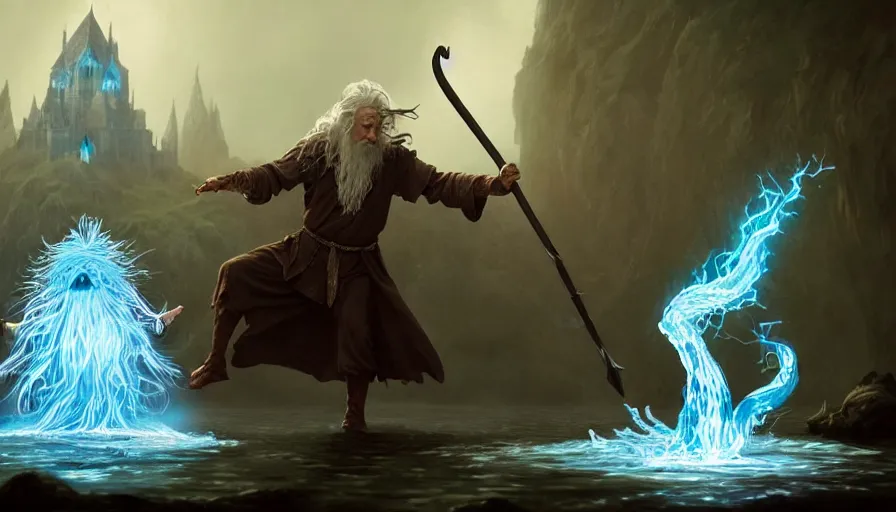 Image similar to gandalf fighting a water golem with his magic, in a fantasy medieval land, d & d, fantasy, action pose, particle effects, digital painting, concept art, matte, sharp focus, volumetric lighting, illustration, hearthstone, artgerm, moebius, wlop, craig mullins, alphonse mucha