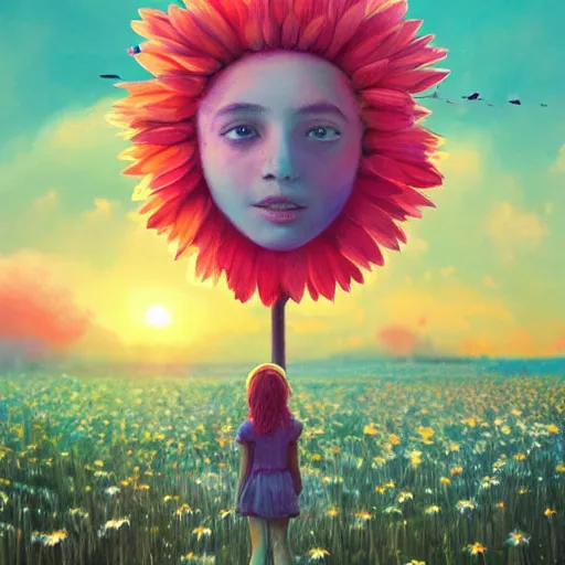 Image similar to giant daisy flower as head, full body, girl standing in a flower field, surreal photography, sunrise dramatic light, impressionist painting, colorful clouds, digital painting, artstation, simon stalenhag, flower face