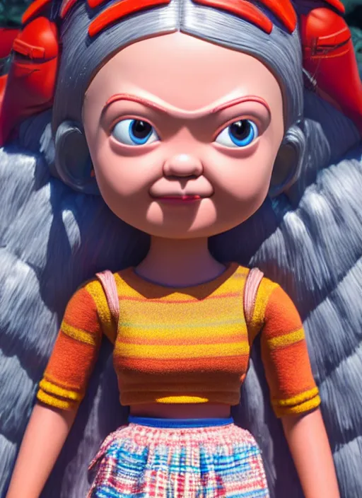 Image similar to highly detailed closeup, profile portrait of a tin toy greta thunberg wearing a bikini and mini - skirt, unreal engine, nicoletta ceccoli, mark ryden, earl norem, lostfish, global illumination, detailed and intricate environment