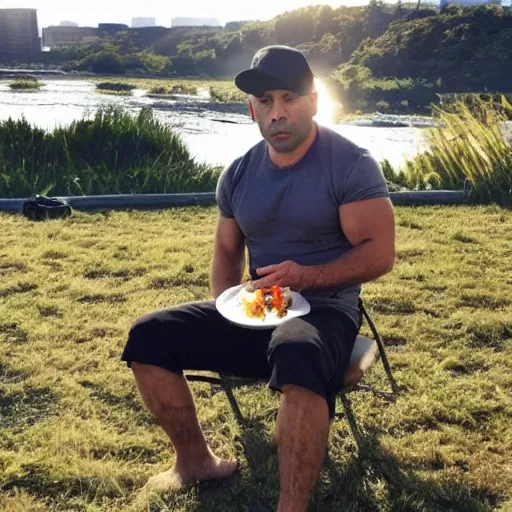 Image similar to joe rogan eating sushi on a sunny day in a field