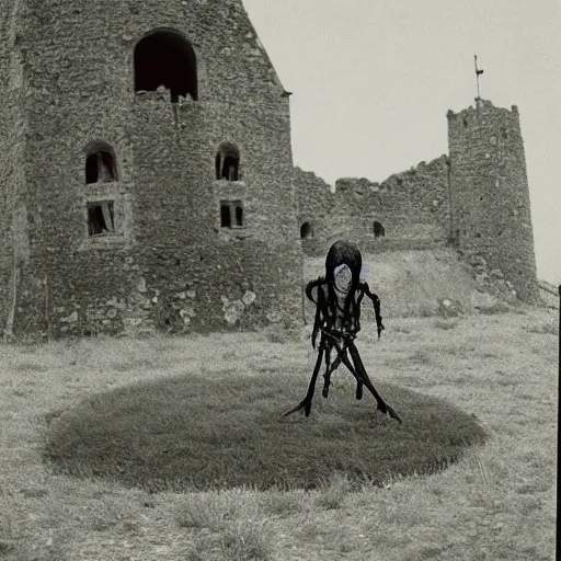 Prompt: scary unproportionally tall disfigured ghost creature in the middle of an old medieval battlefield, 35mm picture