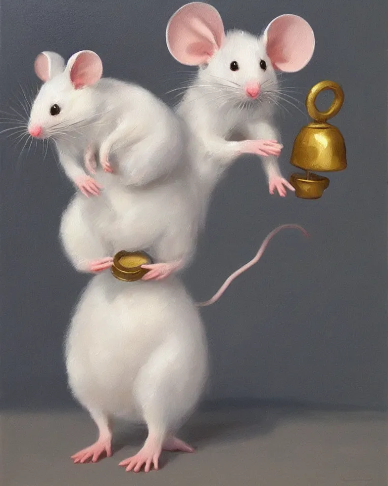 Prompt: an old oil painting of a cute white mouse standing on two legs and holding a round bell, trending on artstation