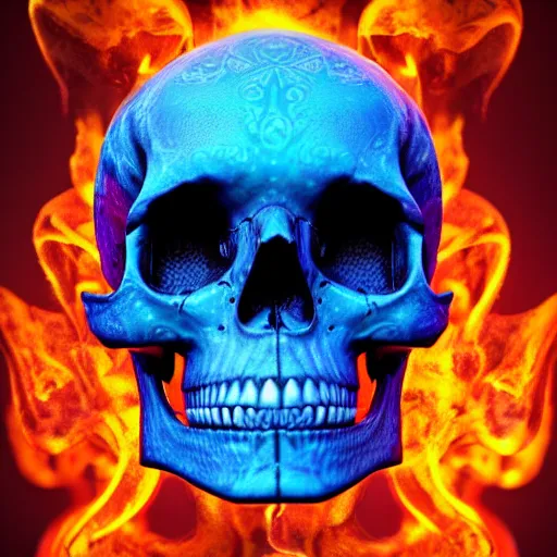 Image similar to a highly detailed human skull with intricate designs with fire for eyes on fire in front of a neon blue background, 3 d, colorful, octane render, symmetrical, hyper realism, highly detailed, digital art, artstation, concept art, cinematic lighting, strong bokeh, trending