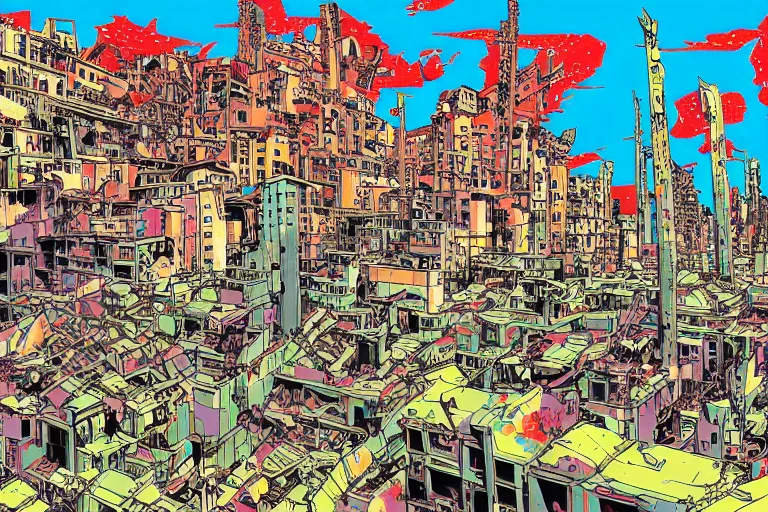 Prompt: The Stalingrad ruins | Colorfull pop art | art by Hirohiko Araki | Hirohiko Araki | Anime wallpaper | funky | colorful | cityscape | destroyed buildings | Stalingrad ruins | digital art