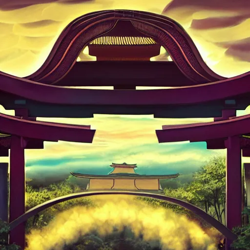 Prompt: infinite majestic shinto shrine portal, dark gate, magic door, pyromancer mage : : 1 full of colorpalette rippled layers, clouds, vines, swirls, curves, ultra fine detail, swirling clouds, artstation trending, art nouveau, raytracing, highly detailed, magic art nouveau rococo architecture