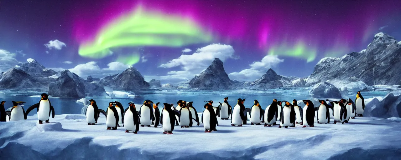 Prompt: a group of penguins watching the aurora borealis, large scale, breathtaking, mixed media, digital art, trending on artstation, 8k, epic composition, highly detailed, AAA graphics