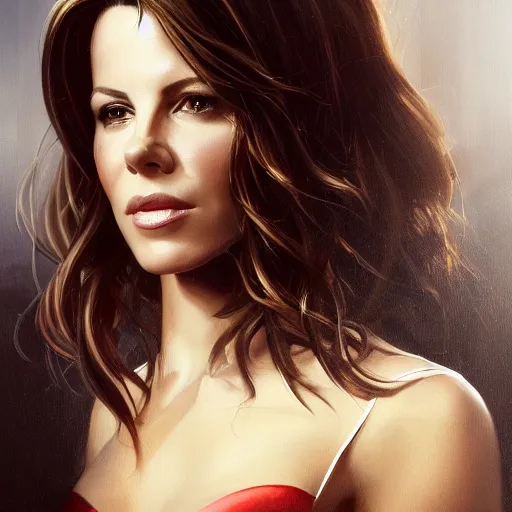 Image similar to closeup portrait of a kate beckinsale as a software engineer, seductive smile, soldier, army chiaroscuro, computer geek, golden hour, dramatic lighting, complementary contrast, high detail, painted by greg rutkowski, painted by igor kieryluk, trending on artstation