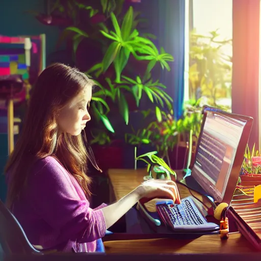 Prompt: portrait of a woman with brown hair programming a computer, photograph of the whole room, colorful computer screen, home office with plants, colorful kid toys all over the floor, piano in the background, cosy, serene, morning light, very detailed, vivid colors, solid color background, steampunk