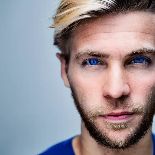 Image similar to close up of face of good looking 4 0 year old blond man with blond stubble, very short wavy blond hair in a short pompadour style, very pale skin, blue eyes, hairy shoulders, hairy chest, color portrait, 4 k