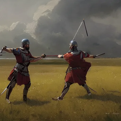 Prompt: Two Roman soldiers dueling in the fields, by Greg Rutkowski