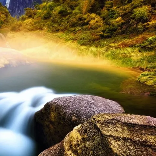 Image similar to beautiful landscape, hilly mountains, rivers, waterfalls, volumetric lighting, vistas, foliage