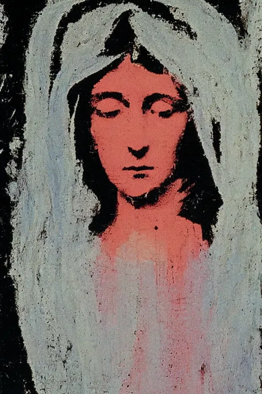 Image similar to virgin mary of lourdes painted by cy twombly and andy warhol