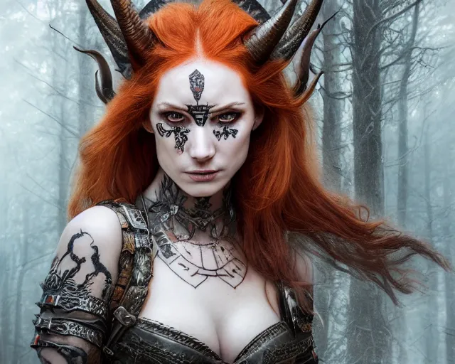 Prompt: 5 5 mm portrait photo of an armored gorgeous anesthetic redhead woman warrior with a face tattoo and cat eyes and horns growing from her head, in a magical forest in the style of greg rutkowski. by luis royo. highly detailed 8 k. intricate. lifelike. soft light. nikon d 8 5 0. cinematic post - processing