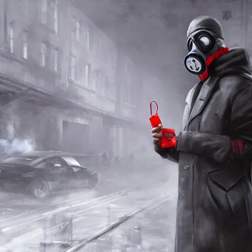 Image similar to hooden villain wearing a gas mask with red goggles, smoke coming out of his long coat, dark background, wall with graffiti, unreal engine 5, ultra realistic, detailed, fog, by greg rutkowski