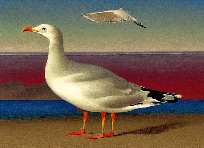 Image similar to seagull, beach, painting, fine art, hard edge painting, tonal colors, polychromatic - colors, by richard dadd