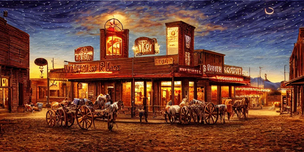 Prompt: photorealist painting of wild west small town, western, old west, nighttime, high production value, intricate details, high resolution, hyperrealistic, hdr, high definition, masterpiece, ultra realistic, highly detailed, hd, sharp focus, non blurry, sharp, smooth