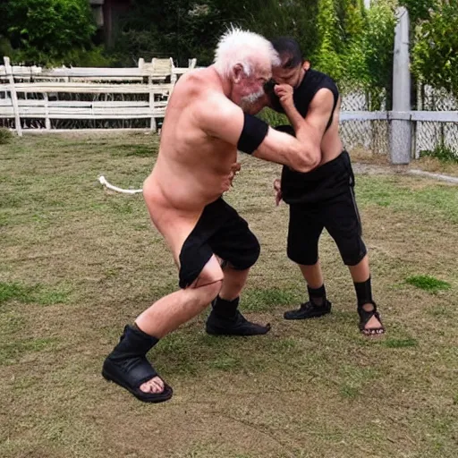 Image similar to naruto fighting old man, backyard wrestling, intricate complexity, extremely detailed, very sharp,