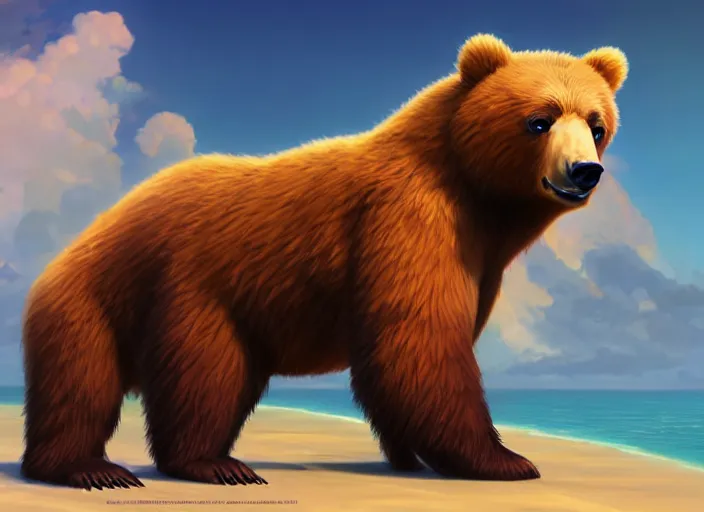 Image similar to character portrait feature of the anthro male anthropomorphic kamchatka brown bear fursona wearing airline pilot outfit uniform professional pilot for the us air force character design stylized by charlie bowater, ross tran, artgerm, and makoto shinkai, detailed, soft lighting, rendered in octane, maldives in background
