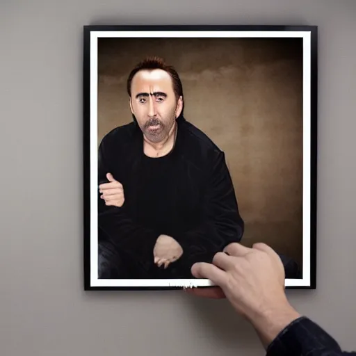 Prompt: Nicolas Cage portrait from a mall photography studio