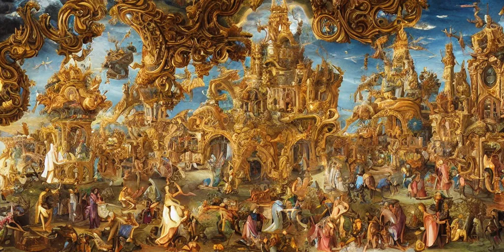 Prompt: beautiful ornate heavenly marble rococo megastructure in the style of heironymus bosch, colorful light intricate masterpiece, hyper detailed, hd