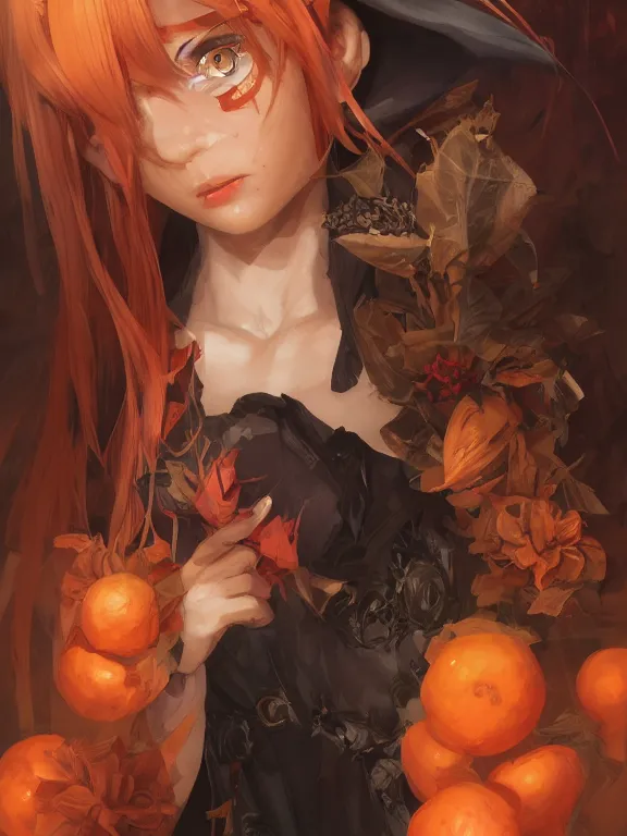 Prompt: Full shot of a cute mischievous young witch about to get up to some trouble. Latin American fashion. Black and Orange palette. Latina girl. brown skin. Symmetrical facial features. By Ruan Jia and Artgerm and Range Murata and WLOP. Key Art. Fantasy Illustration. award winning, Artstation, intricate details, realistic, Hyperdetailed, 8k resolution.