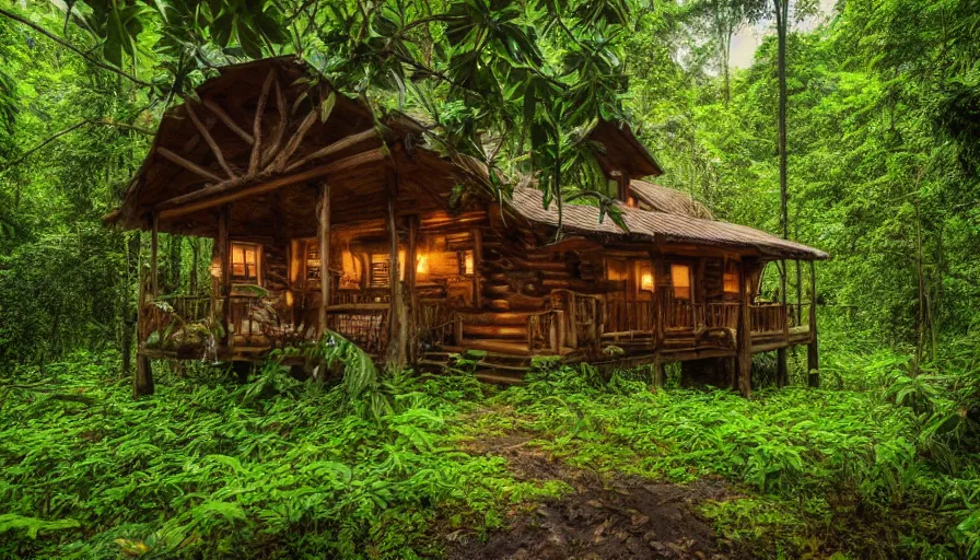 Prompt: rustic cabin in a lush tropical rainforest, 8k, cinematic lighting,