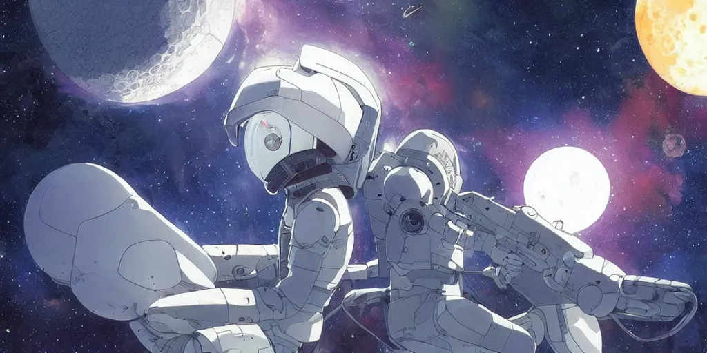 Image similar to war between a planet and it's moon, protection shield, art by makoto shinkai and alan bean, yukito kishiro