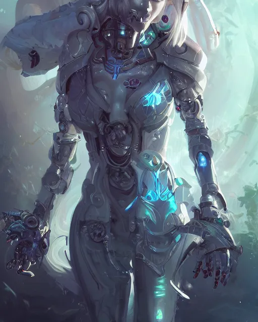 Image similar to holy cyborg necromancer girl, elegant, scifi, futuristic, utopia, garden, illustration, atmosphere, top lighting, blue eyes, white hair, focused, artstation, highly detailed, art by yuhong ding and chengwei pan and serafleur and ina wong