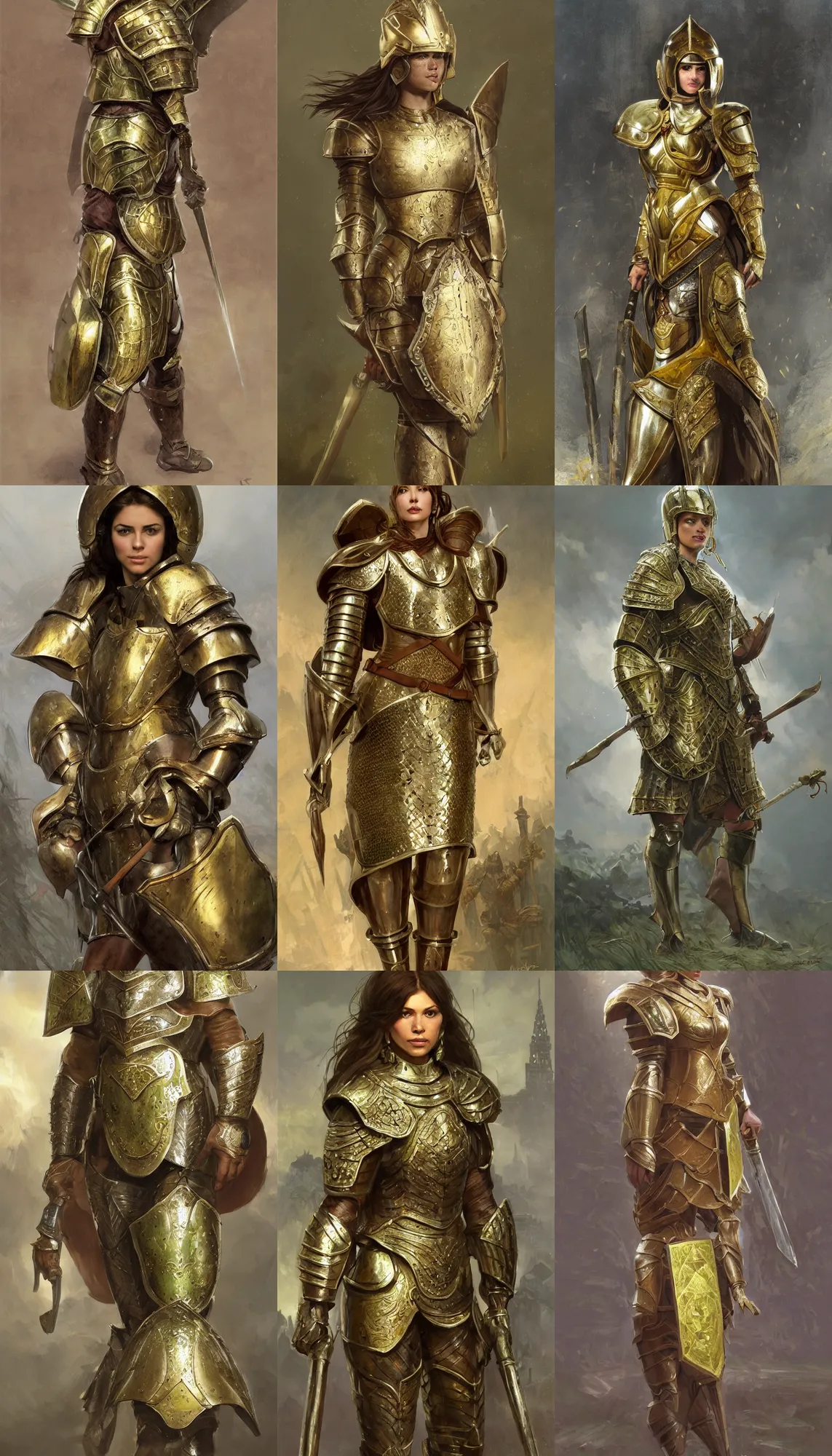Prompt: full body portrait of a female italian warrior medium length brown hair and a very highly detailed face wearing elegant golden plate mail armor with green and white cloth, holding a tall rectangular tower shield, very highly detailed, artstation, cgsociety, realistic character concept art, sharp focus, by michael komarck, wlop, greg rutkowski and alphonse mucha