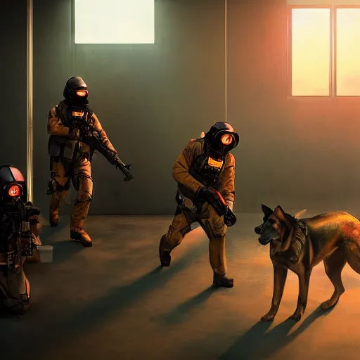 Image similar to K9 squad breaking into a meth lab, futuristic, wide shot, dim colors, ambient lighting, dynamic lighting, cyperpunk art, trending on artstation, 4K, HQ