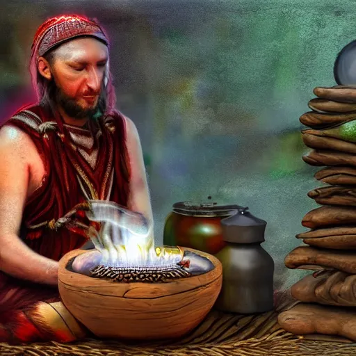 Image similar to a shaman preparing a magic decoction in a dreamy atmosphere, 4 k, 3 d, digital painting