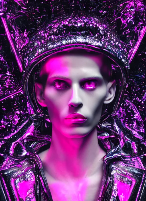 Image similar to photo of baroque and bladerunner delicate neon ruby sculpture of seductive ceramic albino king adrien sahores space pink iridescent humanoid deity wearing black fluffy hoody holding diamond skull in a black metallic dungeon, reclining, glowing rainbow face, crown of white diamonds, cinematic lighting, photorealistic, octane render 8 k depth of field 3 d