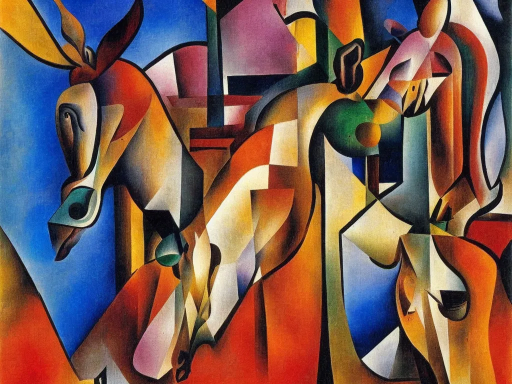 Prompt: a cubist mule in the a rustic bar, by Salvador Dali, by Picaso, vibrant colors, stunning lighting, award winning, amazing resolution.