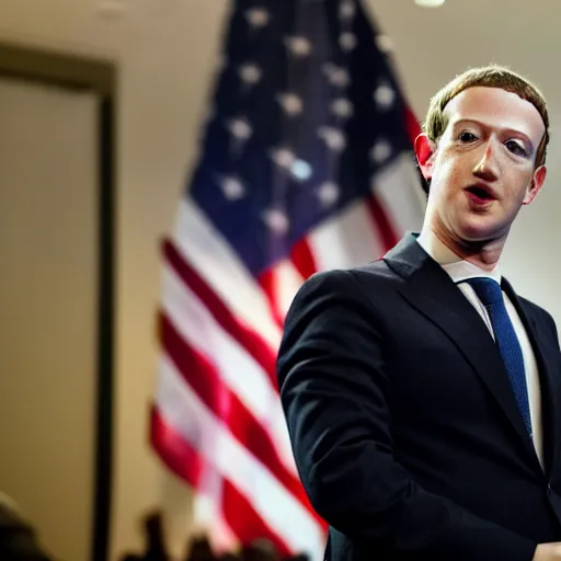 Image similar to Mark Zuckerberg the president of the united states wearing a black suit with a US Flag pin, EOS-1D, f/1.4, ISO 200, 1/160s, 8K, RAW, unedited, symmetrical balance, in-frame, Photoshop, Nvidia, Topaz AI