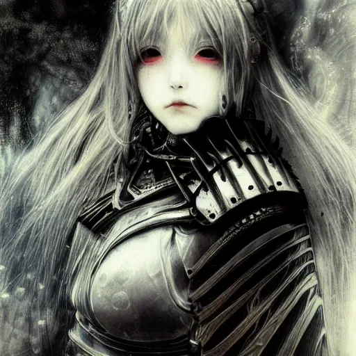 Image similar to yoshitaka amano blurred and dreamy realistic illustration of an anime girl with wavy white hair and cracks on her face wearing elden ring armour with the cape fluttering in the wind, abstract black and white patterns on the background, noisy film grain effect, highly detailed, renaissance oil painting, weird portrait angle