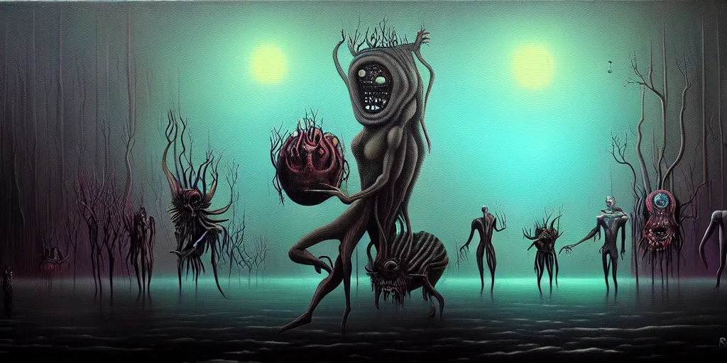 Image similar to creatures lurking in the collective unconscious, in a dark surreal painting by ronny khalil