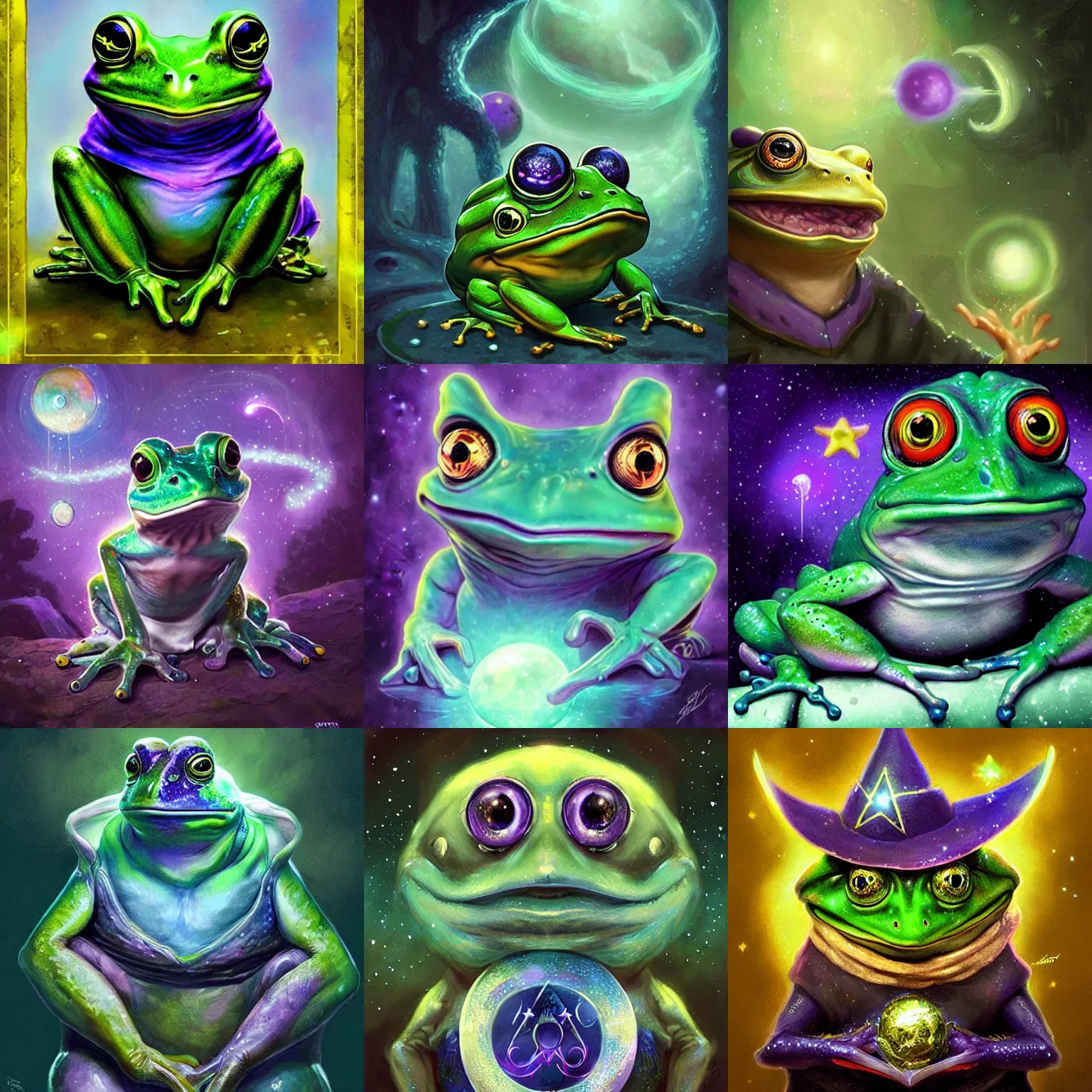 Prompt: portrait of a magical frog, wizard frog with stars and moons, blue purple green, digital art by artgerm and greg rutkowski