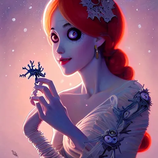 Image similar to sally, nightmare _ before _ christmas, intricate, elegant, highly detailed, my rendition, digital painting, artstation, concept art, smooth, sharp focus, illustration, art by artgerm and greg rutkowski and alphonse mucha and uang guangjian and gil elvgren and sachin teng, symmetry!!