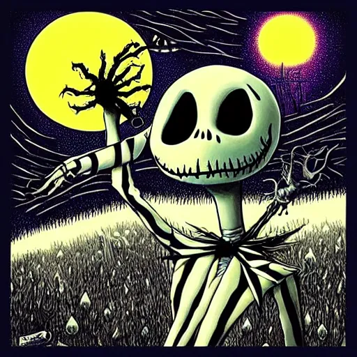 Image similar to “ a nightmare before christmas, jack skellington dances with sally, future world, art style by philippe caza, award winning concept art, highly detailed rendering. ”